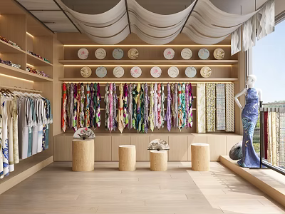 Clothing Store Interior With Colorful Scarves Decorative Plates Wooden Shelves And Mannequin 3d model