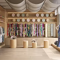Clothing Store Interior With Colorful Scarves Decorative Plates Wooden Shelves And Mannequin
