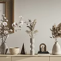 Modern Vases With Pink Blossoms And Dried Pampas Grass On Wooden Shelf