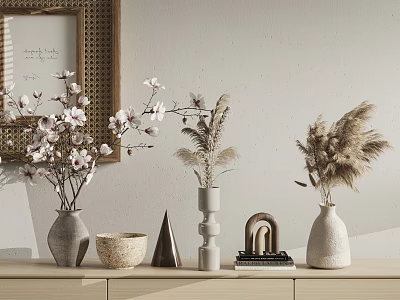 Modern Vases With Pink Blossoms And Dried Pampas Grass On Wooden Shelf 3d model