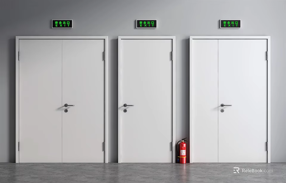 White Doors With Green Exit Signs And Red Fire Extinguisher In Corridor 3d model 
