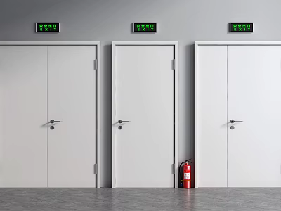 White Doors With Green Exit Signs And Red Fire Extinguisher In Corridor 3d model