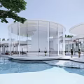 White Modern Sales Office Building With Spiral Staircase Water Pool And Trees At Night