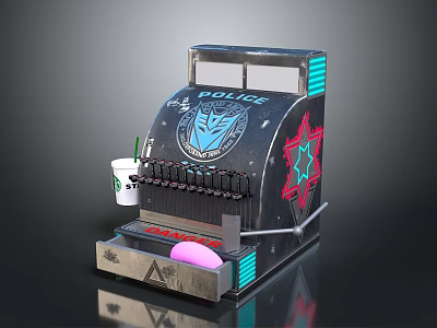Custom Police Cash Register With Starbucks Cup Blue Logo Star Pink Ball Red Buttons 3d model