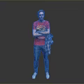 Man In Red T-Shirt Arms Crossed Holding Plaid Shirt Blue Jeans White Shoes Grey Background