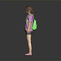 Young Woman Wearing Purple Hoodie Gray Shorts Pink Flip Flops And Green Backpack