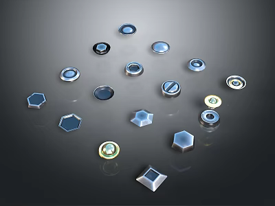 Assorted Small Metallic Parts With Different Shapes And Colors On Dark Background 3d model