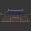 Cartoon Scene of Traditional Chinese Building with Blue Roof Red Columns and Curved Eaves