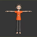 3D Model Man With Short Hair Blue Eyes Orange T-shirt Gray Pants Barefoot Arms Outstretched