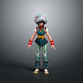 3D Character Model With White Feather Hair Green Top Striped Pants And Red Arm Bands