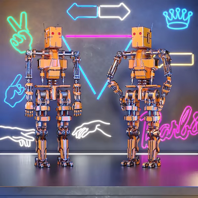 Smart Orange Robots in Neon Light Background With Gesture Patterns And Friends Text 3d model