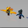 Two Cartoon Bird Like Creatures With Yellow Flame Wings And Blue Beak In Blue Clothing