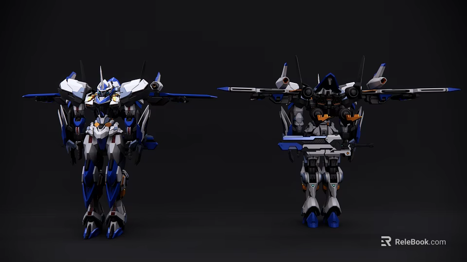 Two Smart Robot Models With Blue And White Wings And Mechanical Structures 3d model