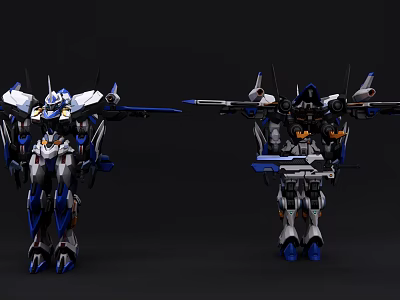 Two Smart Robot Models With Blue And White Wings And Mechanical Structures 3d model