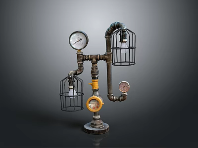 Industrial Style Decorative Device With Metal Pipes Pressure Gauges And Cage Lights 3d model