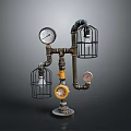 Industrial Style Decorative Device With Metal Pipes Pressure Gauges And Cage Lights