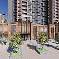 Modern Commercial Street With Glass Windows Outdoor Seating Cafes And High Rise Buildings