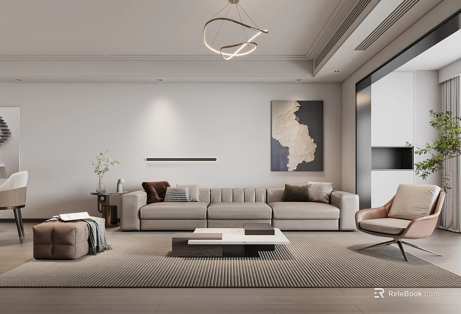 Modern Living Dining Room Interior With Beige Sofa Armchair Coffee Table And Artwork 3d model 