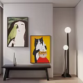 Animal Painting of Cat and Dog on Yellow Background Hanging on Wall in Modern Interior Decor