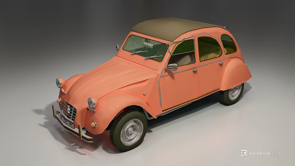 Vintage Orange Car With Brown Canvas Roof Classic Retro Design And Chrome Details 3d model 