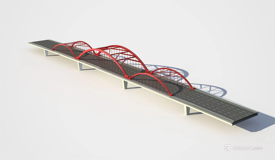 Modern Red Arch Bridge Design With Gray Deck And Steel Support Structure 3d model