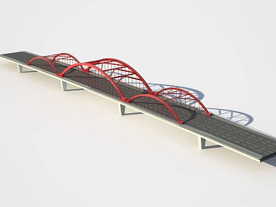 Modern Red Arch Bridge Design With Gray Deck And Steel Support Structure 3d model