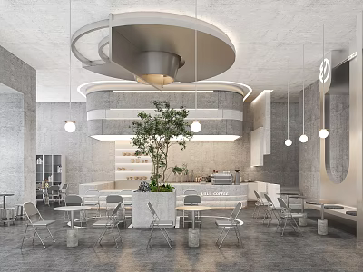 Modern Café Interior Design With Open Layout Hanging Lights Indoor Plant And Wooden Tables 3d model