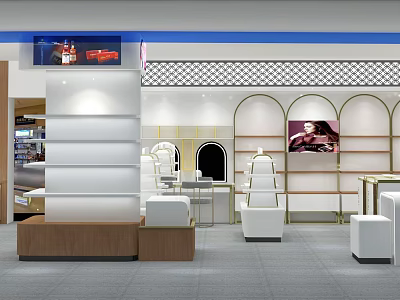 Modern Elegant Store Interior With Arched Displays White Shelves And Seating 3d model