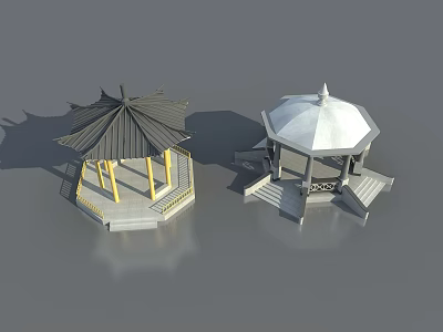 Ancient Traditional Pavilions With Black White Roofs Yellow Pillars And Steps 3d model