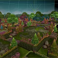 Cartoon Style Forest Garden Scenery With Lush Green Trees Stone Paths And Small Bridges