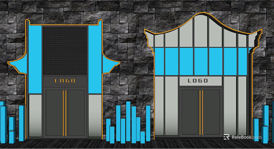 Entrance Gate with Traditional Eaves Design Blue Accents and Logo on Stone Wall Background 3d model 