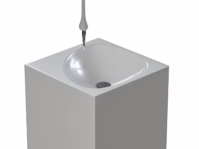Modern Chrome Faucet With Water Flow Over White Square Pedestal Sink Basin 3d model