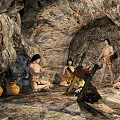 Cartoon Scene With Cave Entrance Rocks Green Tree And Characters Near Pumpkins