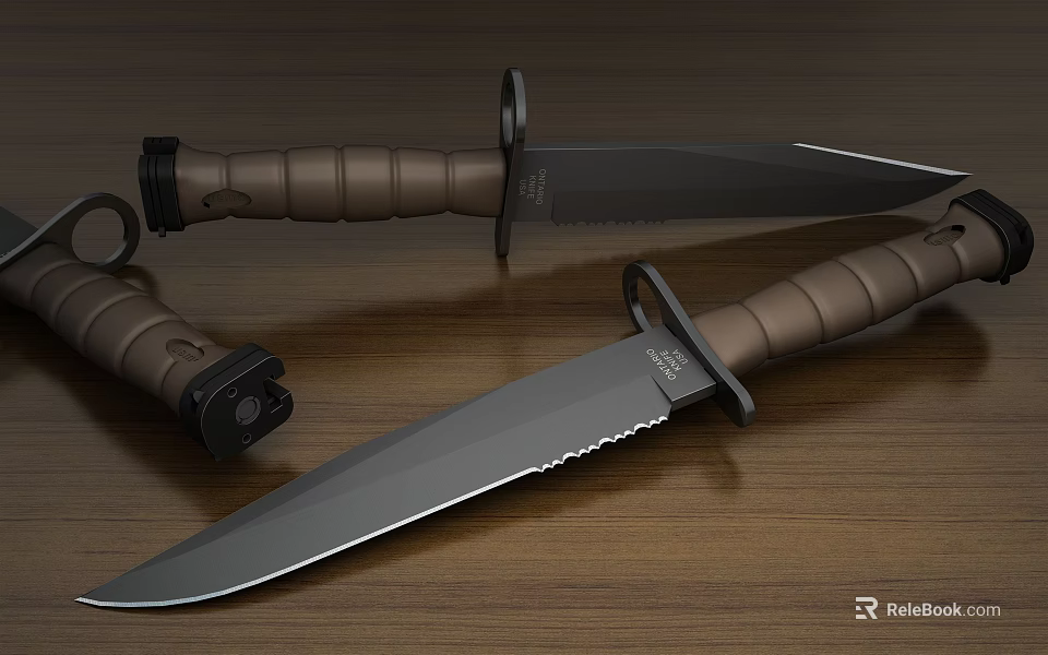 Military Knives with Brown Textured Handles Sharp Metal Blades on Wooden Table Surface 3d model 