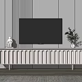Modern White TV Stand with TV Decorative Figurine Green Plant and Vertical Striped Wall