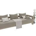 Two Seater Sofa with Wooden Frame Beige Fabric Striped Throw Pillows and Cozy Blanket