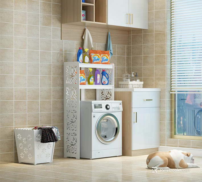 Carved Design Storage Cabinet Rack In Laundry Room With Washing Machine And Cleaning Supplies 3d model 