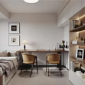 Modern Tatami Bedroom Interior With Tatami Bed Desk Chairs Bookshelves Decorative Paintings And Window Curtains