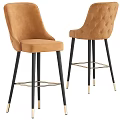 Brown Leather Bar Stools With Tufted Back And Black Metal Legs Gold Accents