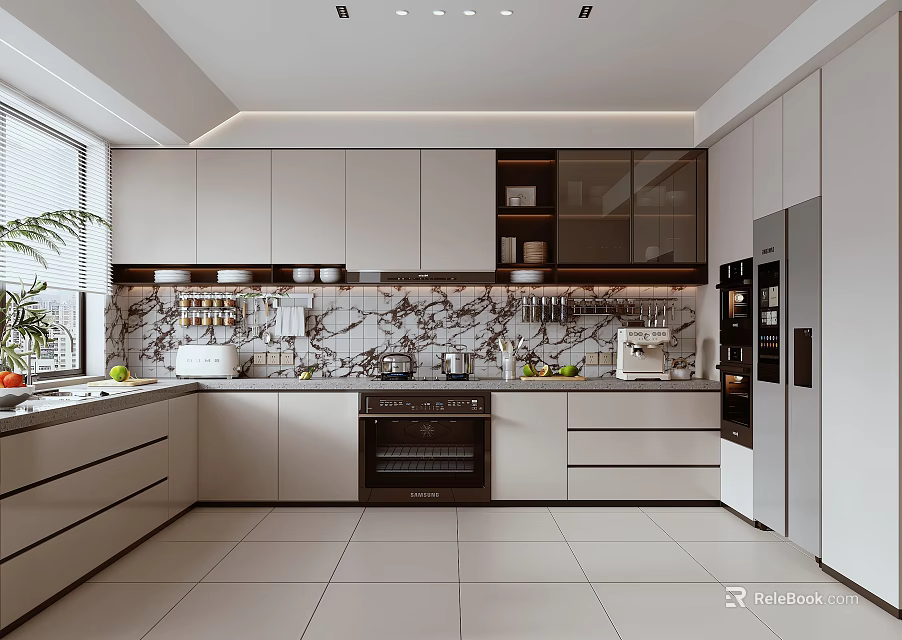 Modern Kitchen Interior Design With White Cabinets Marble Backsplash Countertop And Appliances 3d model 