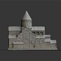 Cartoon Scene Featuring Church Model With Spire Arched Windows And Tile Roof On White Platform