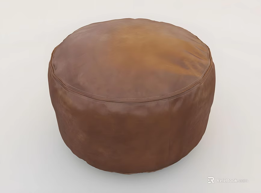 Cozy Brown Leather Round Bean Bag Chair For Living Room With Stitched Seam Details 3d model 