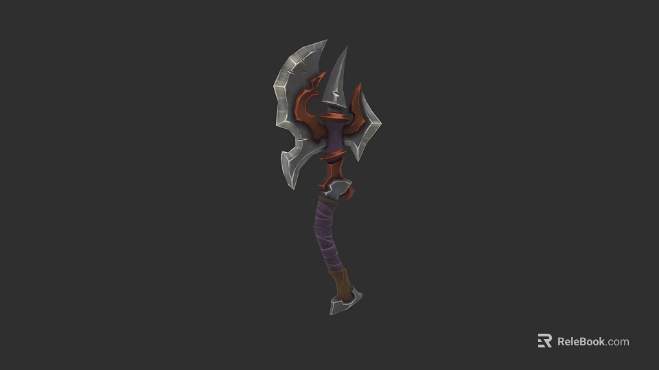 Medieval Battle Axe With Silver Blades Purple Wrapped Handle And Spiked Head 3d model 
