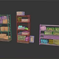 Three Different Storage Shelves With Vintage Crates Drawers And Boxes