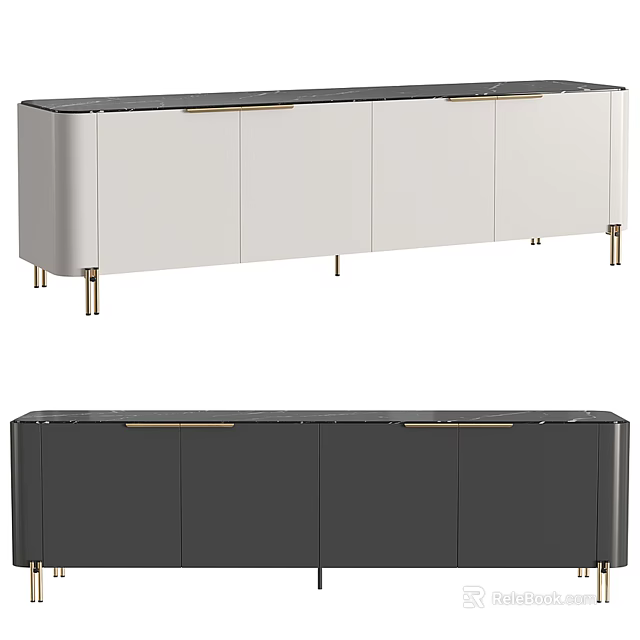 Modern White And Black TV Stand With Golden Metal Legs And Storage Cabinets 3d model 