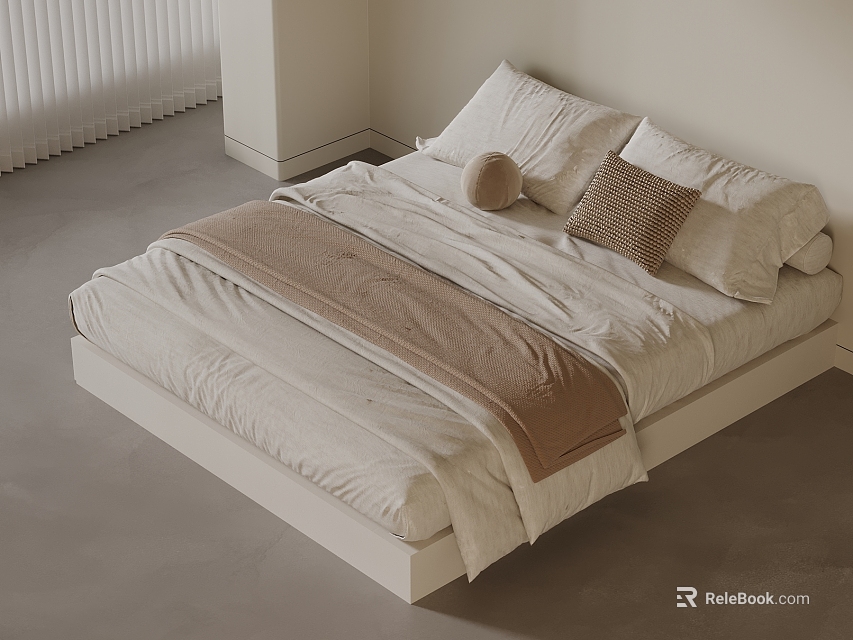 Cozy Double Bed With White Blinds Gray Floor White Sheets Brown Blanket and Pillows 3d model 
