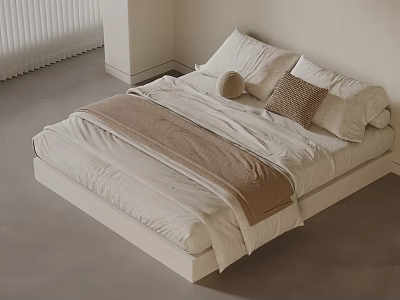 Cozy Double Bed With White Blinds Gray Floor White Sheets Brown Blanket and Pillows 3d model