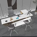 Modern White Office Desk With Ergonomic Chairs Wall Art Sculpture And Plant In Bright Workspace