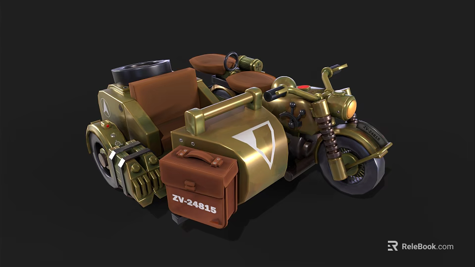 Vintage Three Wheeled Motorcycle With Golden Body Brown Seat And Leather Suitcase 3d model 