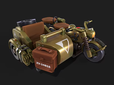 Vintage Three Wheeled Motorcycle With Golden Body Brown Seat And Leather Suitcase 3d model